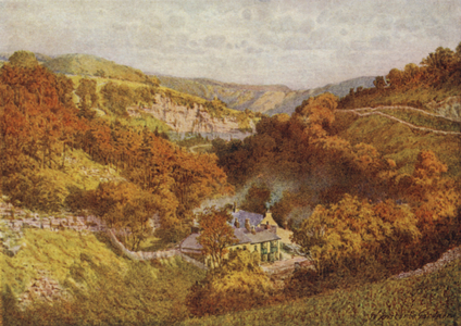 Looking down Miller's Dale from above the Village (colour litho)