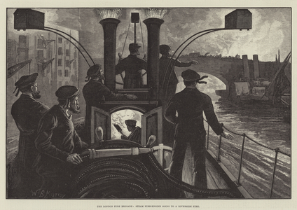 The London Fire Brigade, Steam Fire-Engine going to a Riverside Fire (engraving)