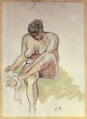 Naked Woman Wiping Left Foot (pencil, wash and pen and sepia ink on paper)