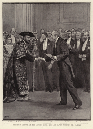 The Prime Minister at the Mansion House, the Lord Mayor receiving Mr Balfour (litho)