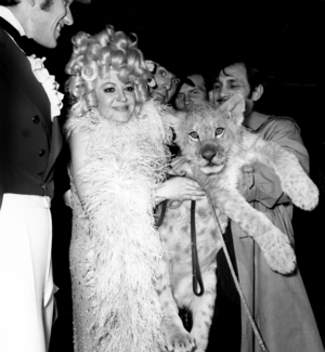 Singer Regine with a lion cub celebrating the 6th Anniversary of her debuts, 23 March 1969 (photo)