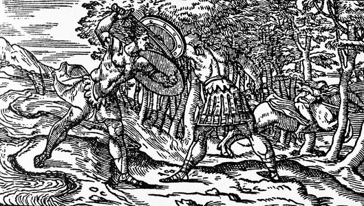 Woodcut depicting a scene from the poem of 'Orlando Furioso' by Ludovico Ariosto