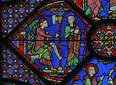 The St James Window: The magician Almoniges (Hermoniges) sends his disciple Filetus to St James (w5) (stained glass)