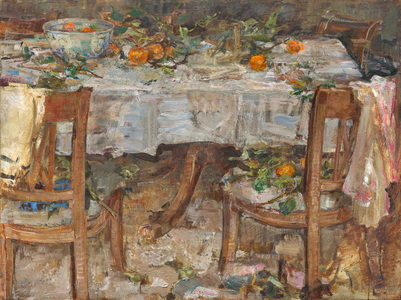 Tablecloth and Two Chairs II, 2018 (Oil on Panel)