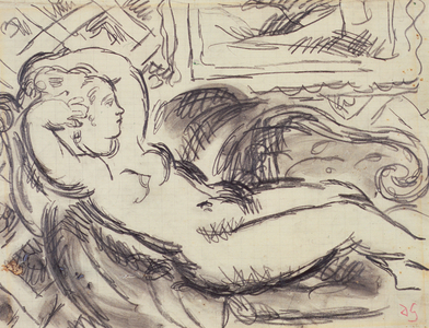 Nude on a Chaise Longue, 1950s (pencil & wash on paper)