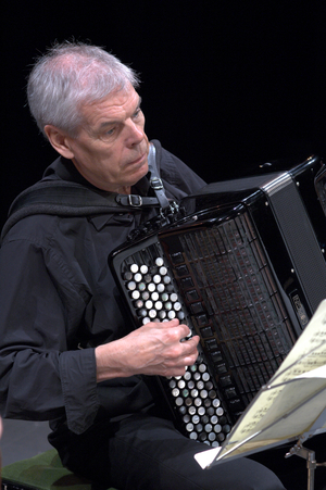 Owen Murray - portrait of the Scottish accordion player performing in Jubilee Hall, Aldeburgh during the Aldeburgh Festival, June 2005