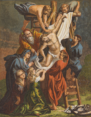 Descent of Jesus Christ from the Cross (colour litho)