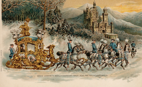 King Ludwig II of Bavaria travelling to Neuschwanstein Castle in a golden sleigh (chromolitho)