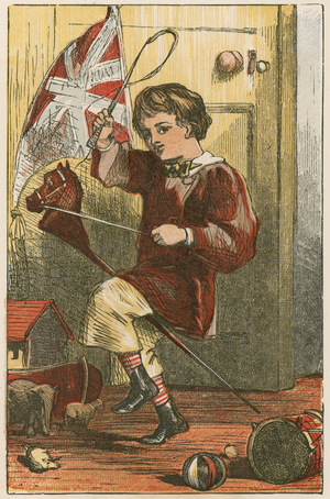Boy playing on toy horse (colour litho)