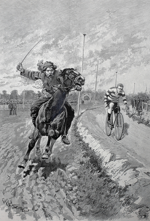 Samuel Franklin Cody with his horse In the competition with the cyclist Meyer