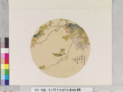 Bird On Grape Branch, 1809-1869 (ink and colours on silk or paper. fan painting.)