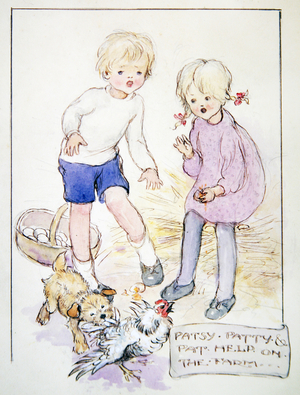 Patsy, Patty and Pat help on the Farm, c.1919 (pen & ink with watercolour & pencil on paper)