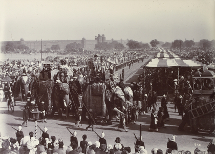 The Delhi Durbar of 1902. A procession of Indian rulers on elephants arriving at the Durbar.