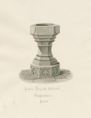 Font in Trysull Church: sepia wash drawing, 1846 (drawing)