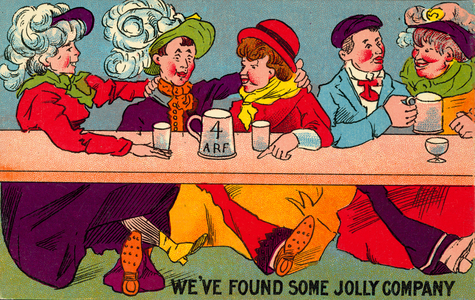 Men and women drinking at a bar (colour litho)