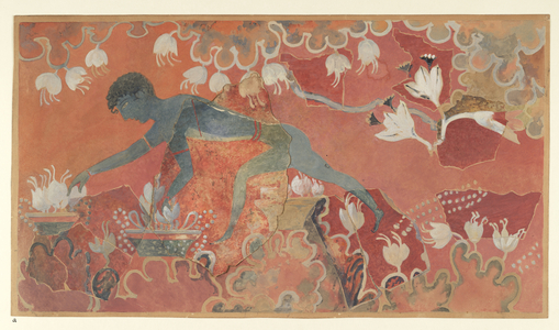 Painting of the Blue Monkey Saffron Gatherer fresco from the Palace of Minos at Knossos (Evans Fresco Drawing L/3 a)), circa 1921 (paper, pigment)