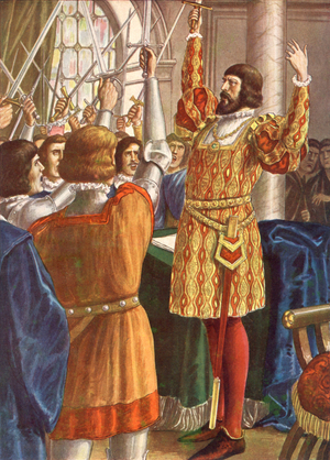 Creation of ambrosian republic in Milan august 14, 1447, illustration, 30's