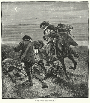 Soldiers discovering a fallen comrade after the Battle of Marston Moor (engraving)
