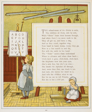A child learning the alphabet in a classroom of a creche. Colour Illustration from 'Abroad'.