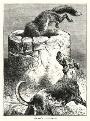 The fox's clever escape (engraving)