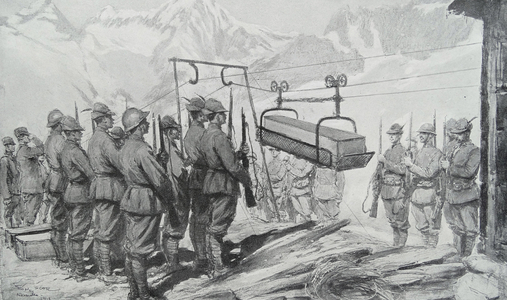 Italian soldiers prepare to transfer a coffin of a fallen soldier, 1916