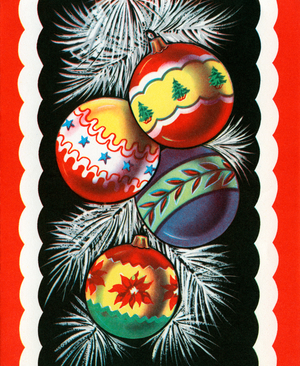 Four Christmas Tree Ornaments, 1940s-50s (screen print)