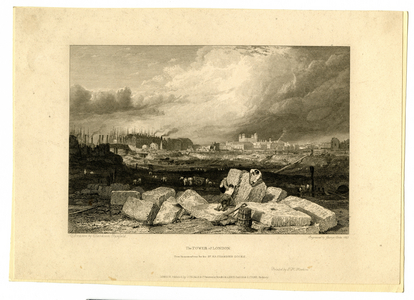 Engraving entitled, 'The Tower of London, from the excavation for St Katherine's Docks', 1801-1830 (print)