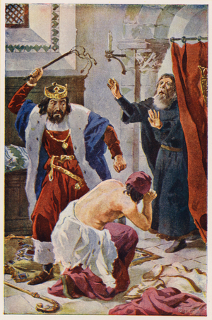 King Peter I of Portugal punishing the Bishop of Porto (colour litho)