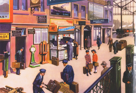 The railway station, illustration from 'Folio of School posters. Printers unknown', c.1940-70 (colour litho)