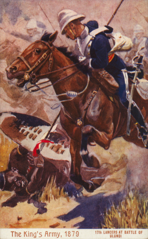 British soldiers of the 17th Lancers, Battle of Ulundi, South Africa, 1879 (colour litho)