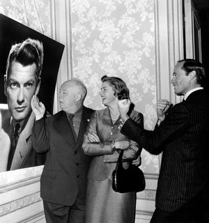 Jean Renoir and Ingrid Bergman With Mel Ferrer Preparing Film "Paris Does Strange Things" November 15, 1955 (b/w photo)