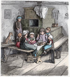 Education. Children life in the countryside. Girl reading a tale to her brothers and sisters. Engraving "Munchener Bilderbogen", Germany, c.1880 (colour engraving)
