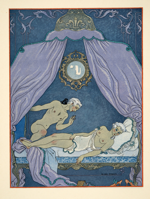 Cécile de Volanges being seduced by Vicomte Sebastien de Valmont, Illustration from 'Les Liaisons Dangereuses' by Pierre Choderlos de Laclos (1741-1803) pub. 1934 (pochoir print)