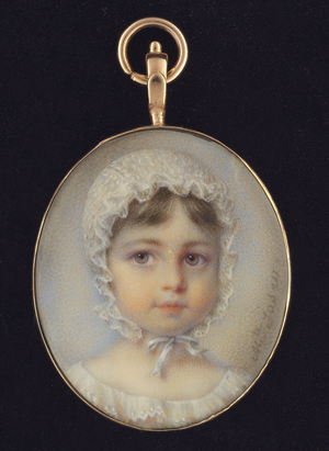 A portrait miniature of a very young girl of the de Tasserant family (later Madame de L’Dedier), wearing white lace bonnet and dress (w/c on ivory)