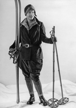 Fashion for female skiers, 1930  (b/w photo)