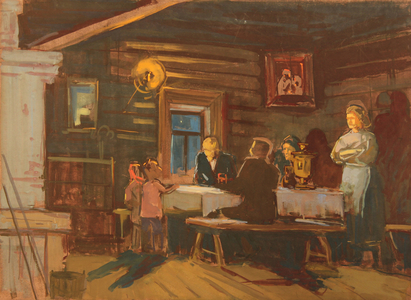 Lenin Visiting in the Cottage, Set Design for the Film "The Kremlin Chiming Clocks", 1957 (gouache on paper)