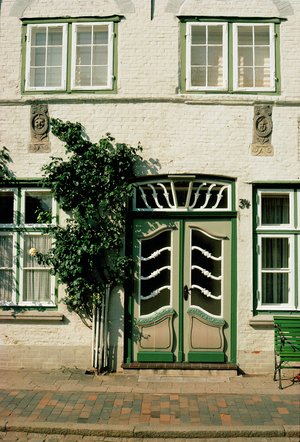 Painted house-door and window-shuttersare typical of Friedrichstadt inSleswig-Holstein, Germany (photo)