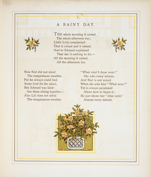 A rainy day. Colour illustration and text from 'At Home'.