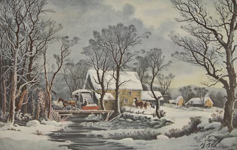 Winter In The Country - The Old Grist Mill, pub. 1864, Currier & Ives (colour litho)