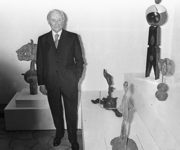 Joan Miro posing with some of his sculptures at the Maeght Foundation in Saint Paul de Vence during his work exhibition on April 17, 1973