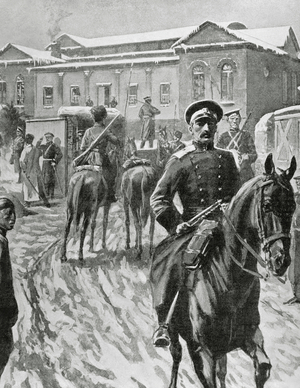 Russo-Japanese War (1904-1905). Russian headquarters at Port Arthur (engraving)