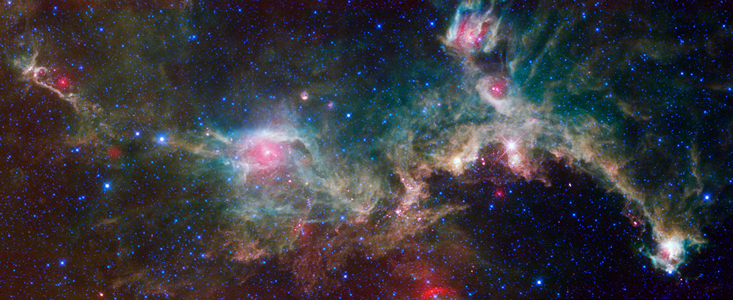 The Seagull nebula, seen in this infrared mosaic from NASA's WISE. This cosmic cloud is one of many sites of star formation within the Milky Way galaxy. It is located 3,800 light-years away from Earth, inside the Orion spur.