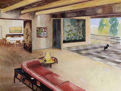1930s interiors: Hall with terrace (colour litho)