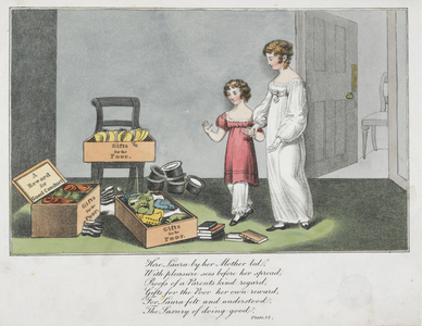 A young girl showing her mother gifts for the poor. A verse under the picture.