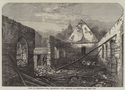 Ruins of Court-Lodge Farm, Chillingham, Kent, destroyed by Lightning (engraving)
