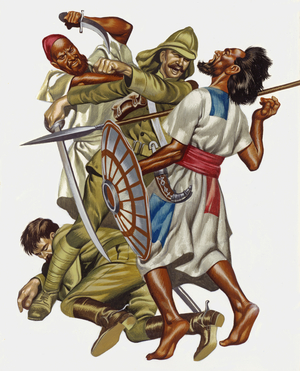 Battle of Omdurman, 1898, this trooper won the VC for his unarmed defence of an unhorsed officer (gouache on paper)