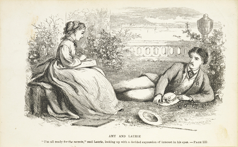 Amy and Laurie'. A young man and woman together. The man is laying on the ground, while the woman draws a sketch of him.