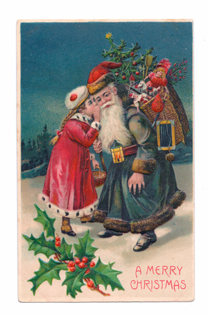 Edwardian Christmas postcard of a little girl whispering to Father Christmas who has a basket of toys on his back, c.1910 (colour litho)