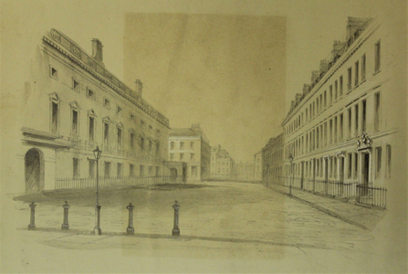 Alfred Street, Bath, with Mrs Macaulay's residence on the right hand side, 19th century (pencil & sepia on paper)