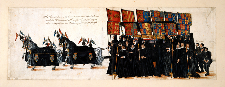 The funeral procession of Queen Elizabeth I to Westminster Abbey, 28 April 1603. The chariot is drawn by four horses. The coffin is covered in purple velvet on which lies an effigy of the Queen. The canopy is born by six knights, with Gentlemen Pensioners and footmen.